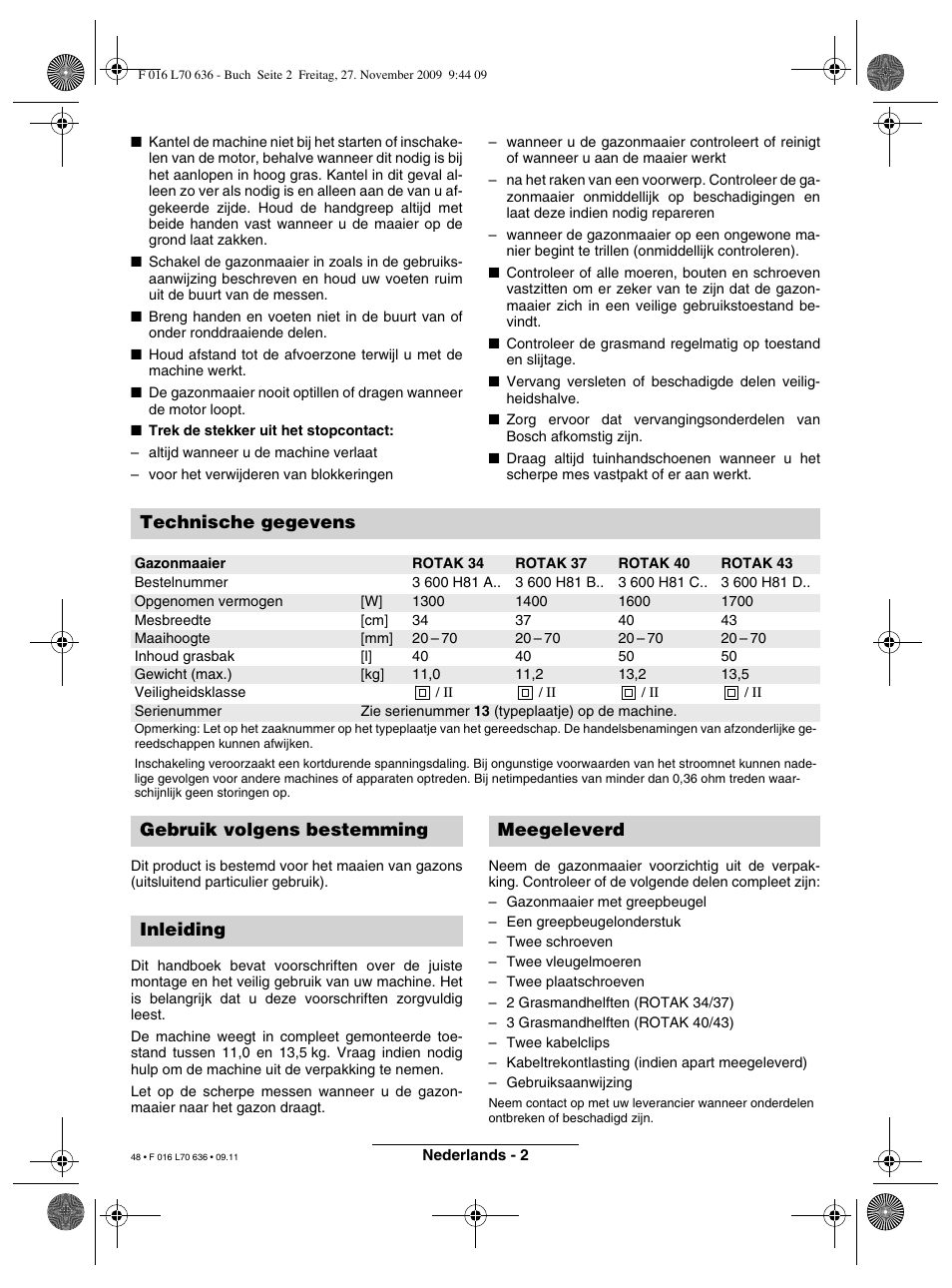 Technische gegevens, Gebruik volgens bestemming inleiding meegeleverd | Bosch ROTAK 34 User Manual | Page 48 / 195