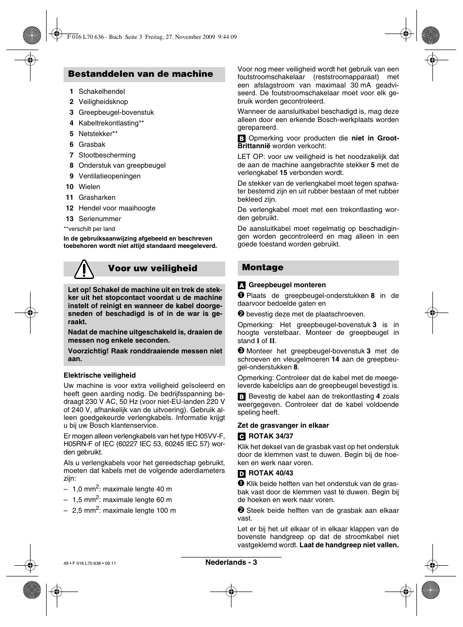 Bestanddelen van de machine voor uw veiligheid, Montage | Bosch ROTAK 34 User Manual | Page 49 / 195