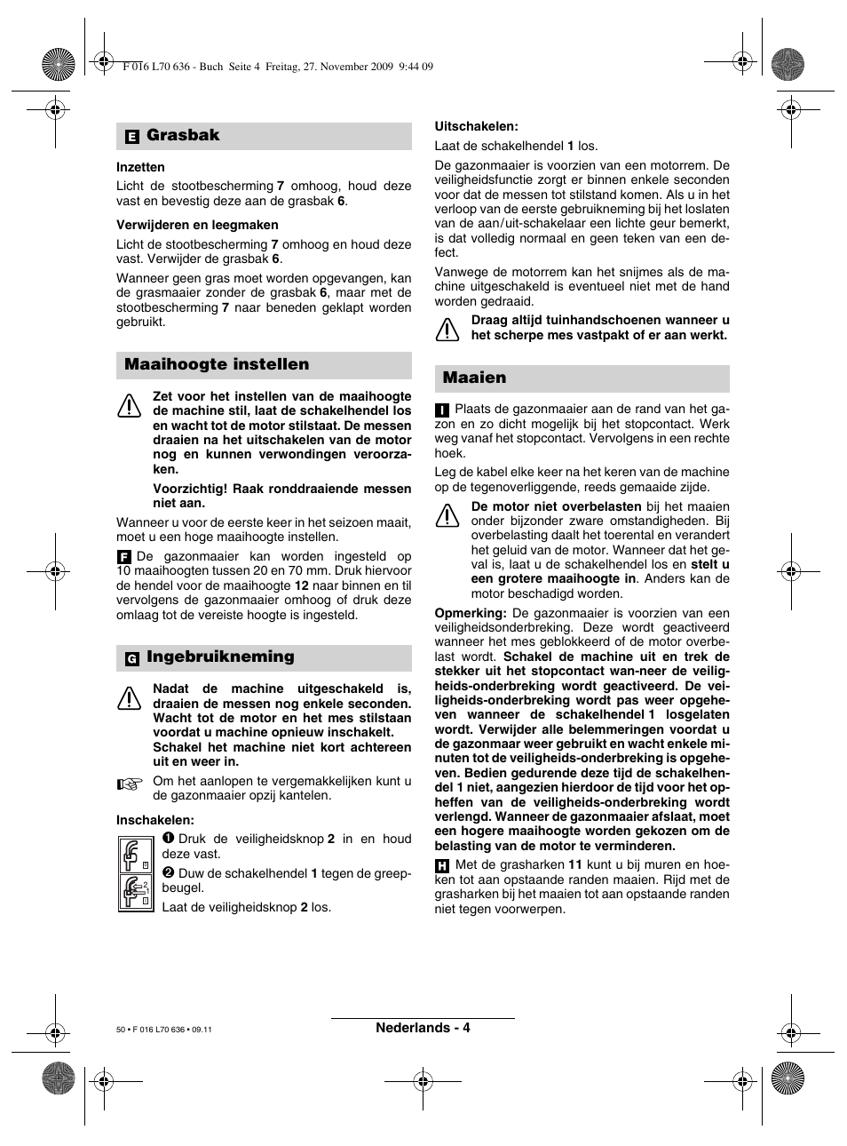 Grasbak maaihoogte instellen ingebruikneming, Maaien | Bosch ROTAK 34 User Manual | Page 50 / 195