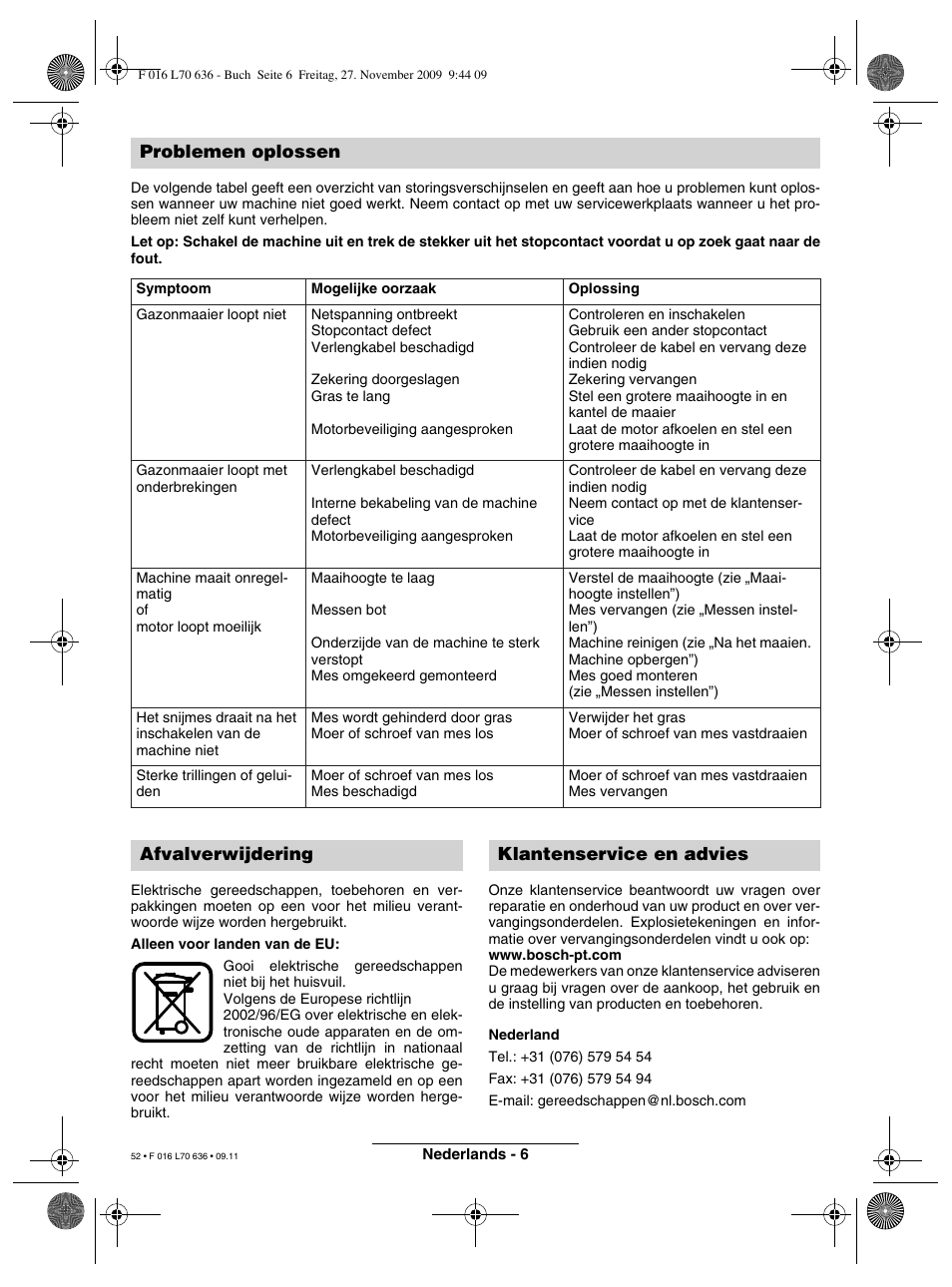 Problemen oplossen, Afvalverwijdering klantenservice en advies | Bosch ROTAK 34 User Manual | Page 52 / 195