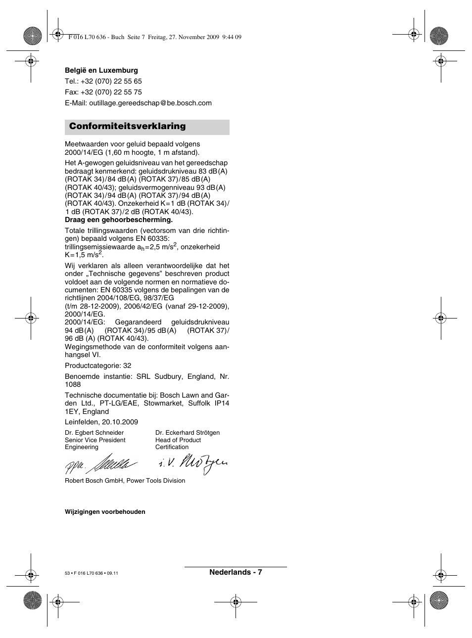 Conformiteitsverklaring | Bosch ROTAK 34 User Manual | Page 53 / 195