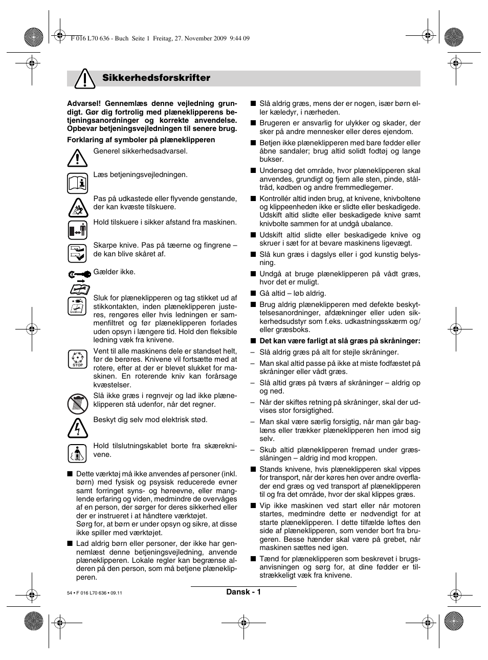 Sikkerhedsforskrifter | Bosch ROTAK 34 User Manual | Page 54 / 195