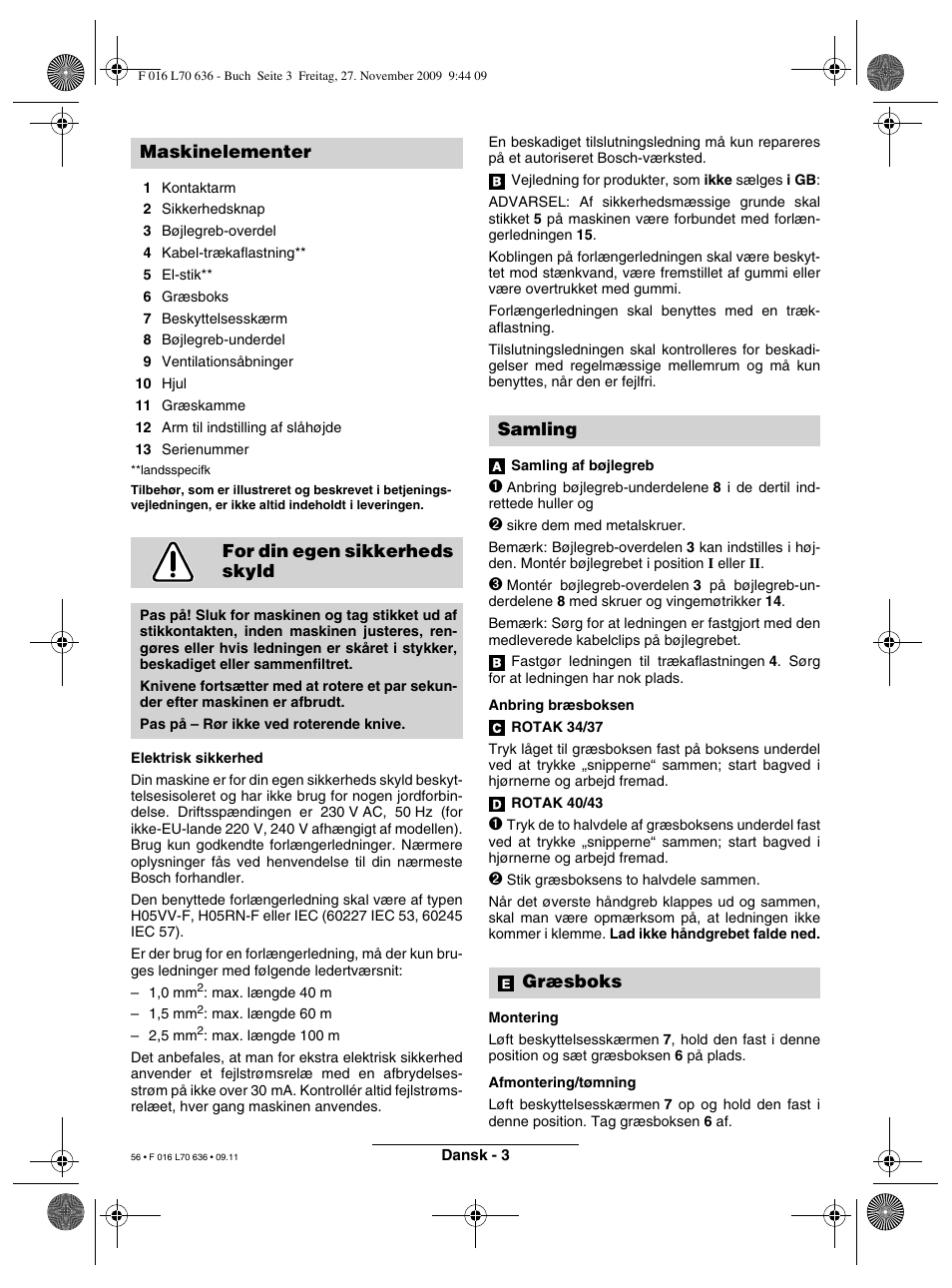 Maskinelementer for din egen sikkerheds skyld, Samling græsboks | Bosch ROTAK 34 User Manual | Page 56 / 195