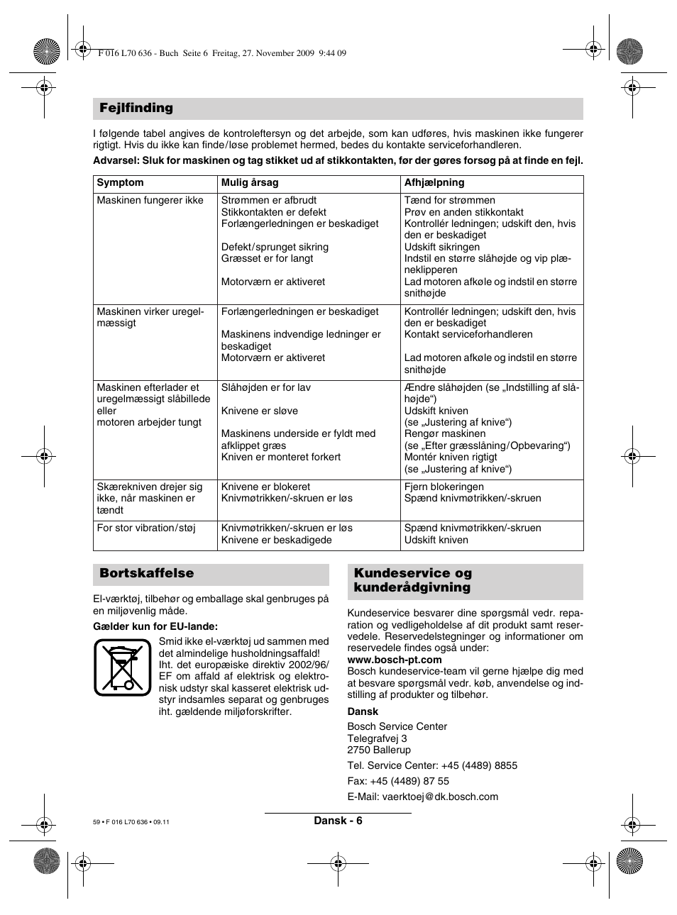 Fejlfinding, Bortskaffelse kundeservice og kunderådgivning | Bosch ROTAK 34 User Manual | Page 59 / 195