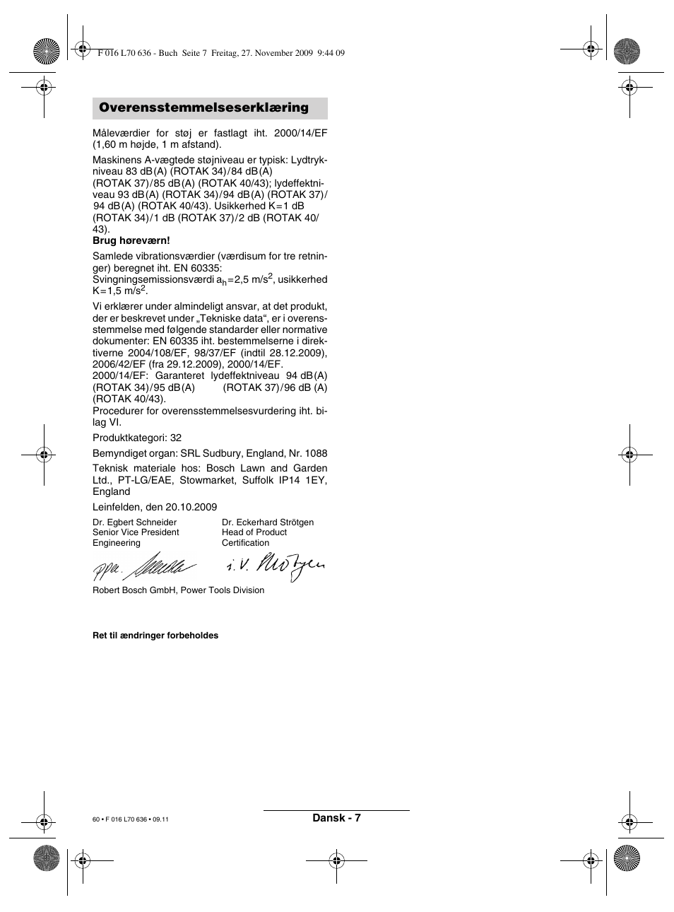Overensstemmelseserklæring | Bosch ROTAK 34 User Manual | Page 60 / 195