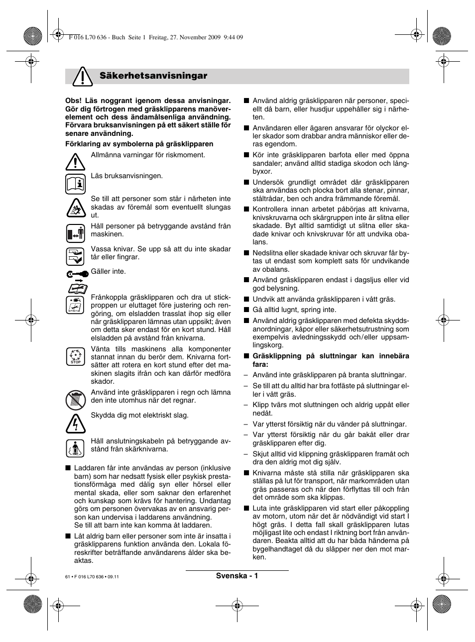 Säkerhetsanvisningar | Bosch ROTAK 34 User Manual | Page 61 / 195