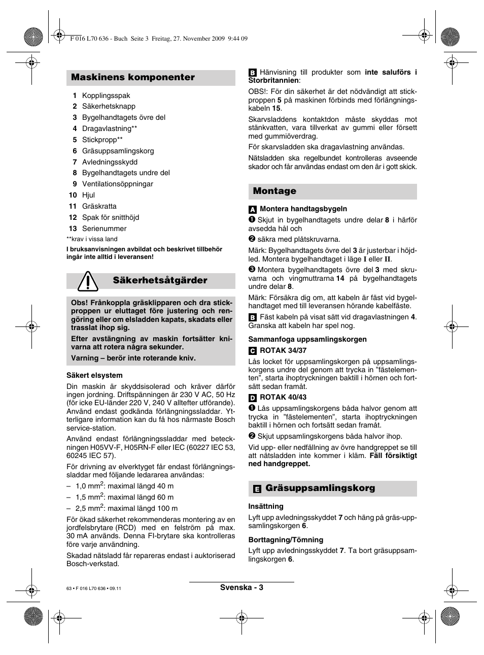 Maskinens komponenter säkerhetsåtgärder, Montage gräsuppsamlingskorg | Bosch ROTAK 34 User Manual | Page 63 / 195