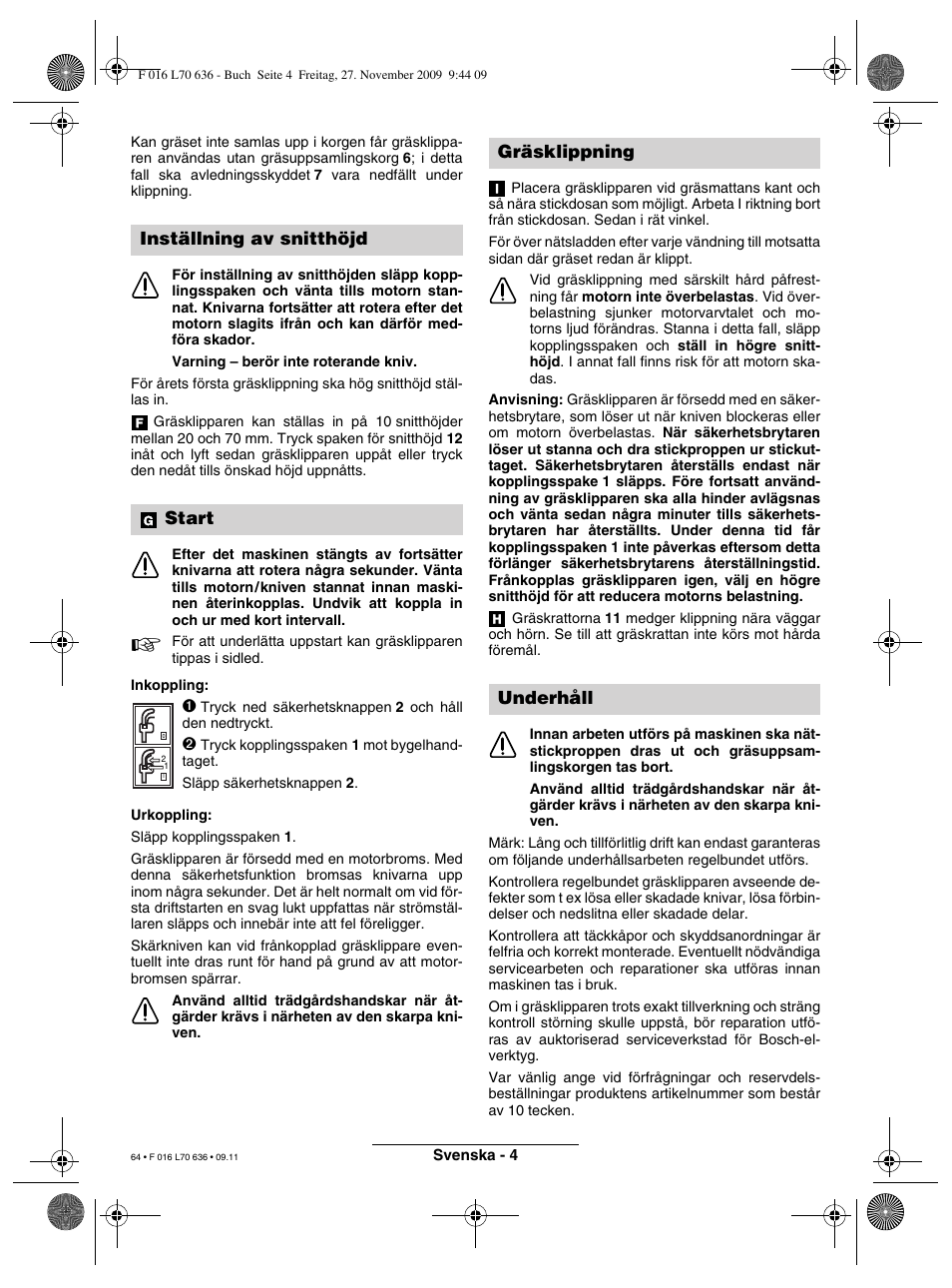 Inställning av snitthöjd start, Gräsklippning underhåll | Bosch ROTAK 34 User Manual | Page 64 / 195