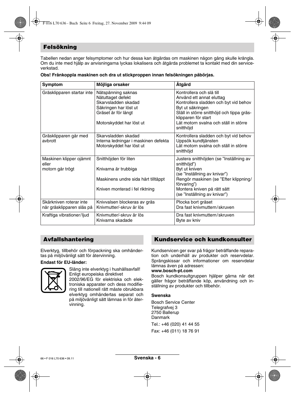 Felsökning, Avfallshantering kundservice och kundkonsulter | Bosch ROTAK 34 User Manual | Page 66 / 195