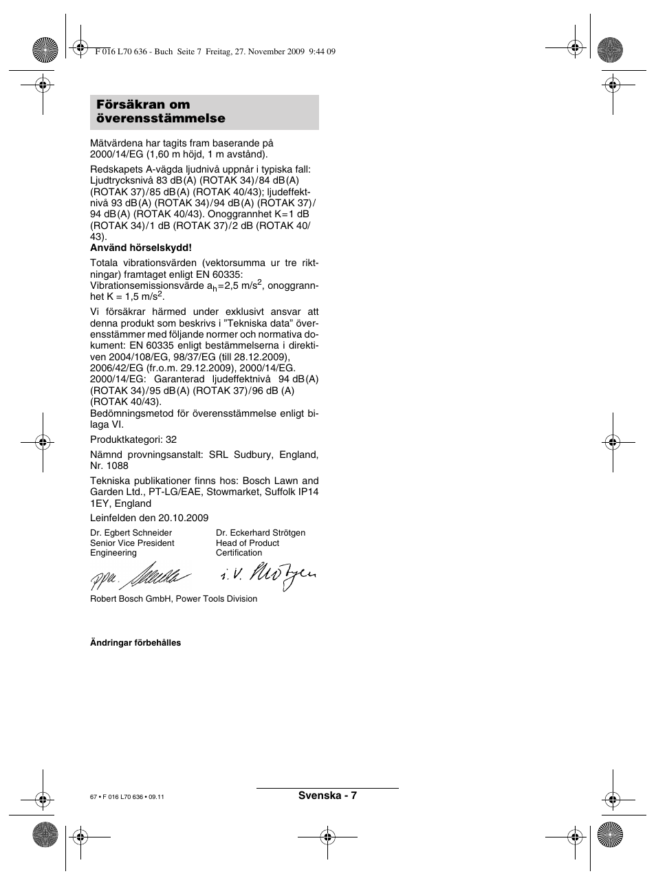 Försäkran om överensstämmelse | Bosch ROTAK 34 User Manual | Page 67 / 195