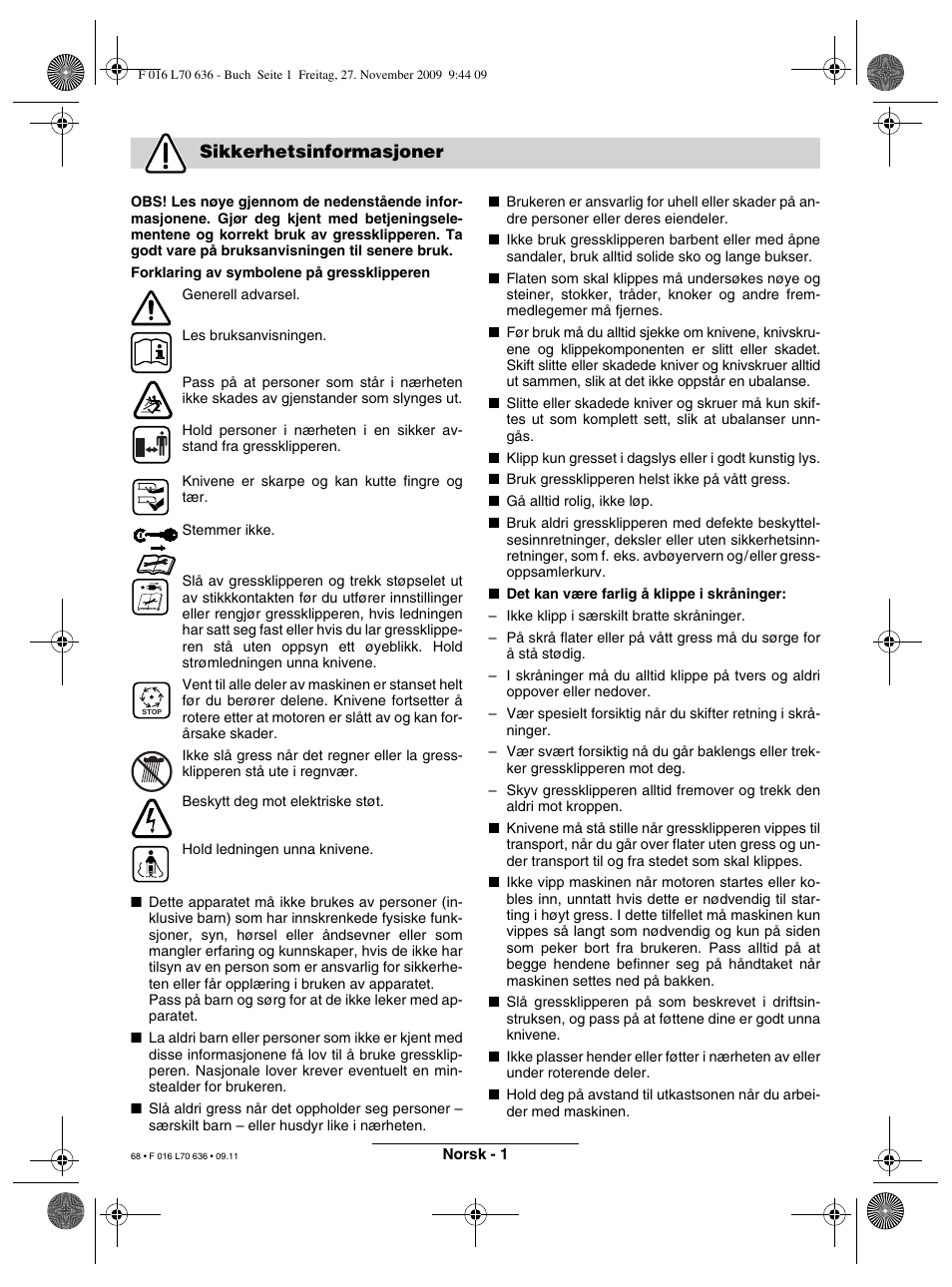 Sikkerhetsinformasjoner | Bosch ROTAK 34 User Manual | Page 68 / 195