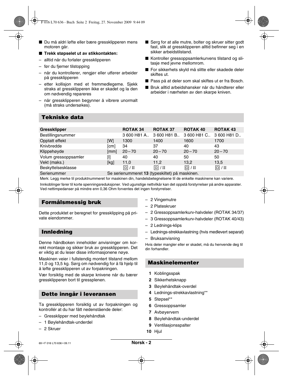 Tekniske data | Bosch ROTAK 34 User Manual | Page 69 / 195