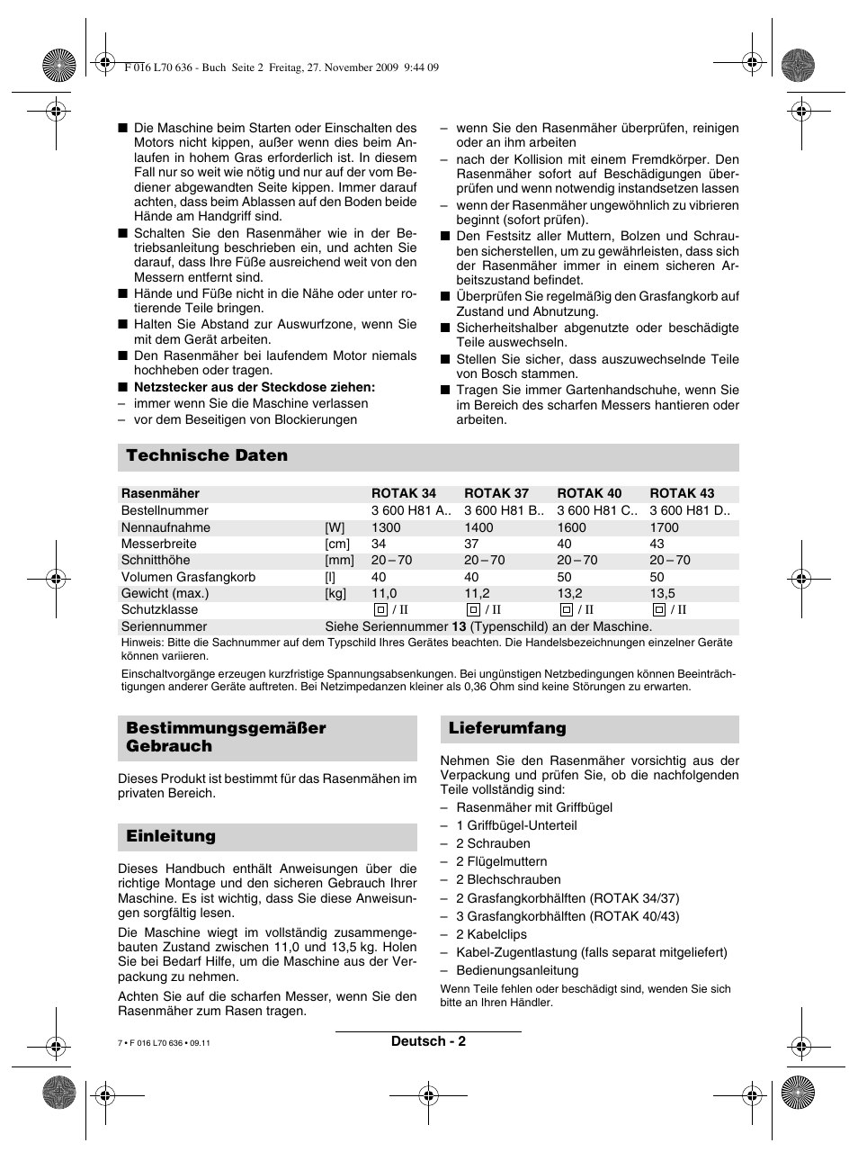 Technische daten | Bosch ROTAK 34 User Manual | Page 7 / 195