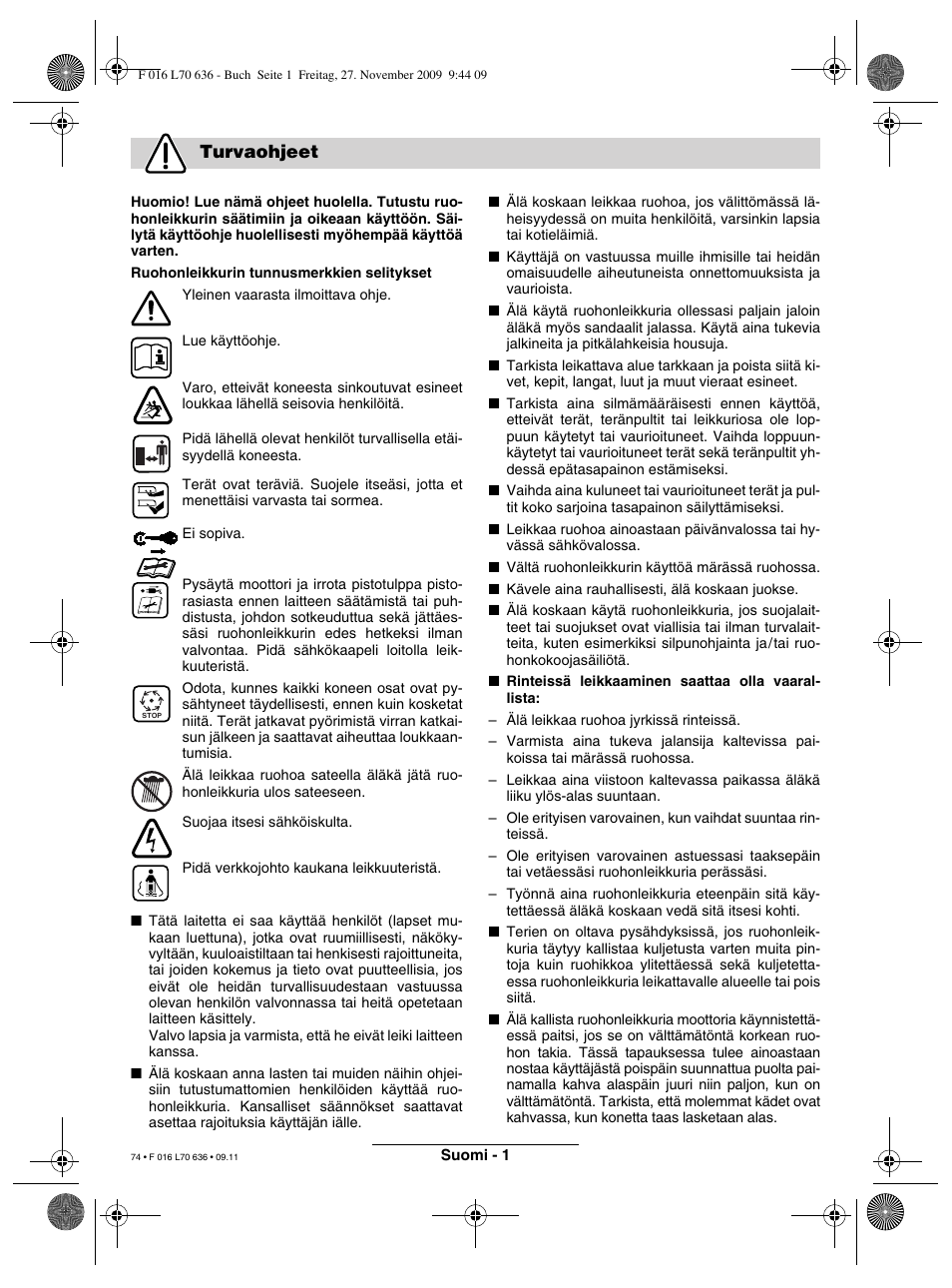 Turvaohjeet | Bosch ROTAK 34 User Manual | Page 74 / 195