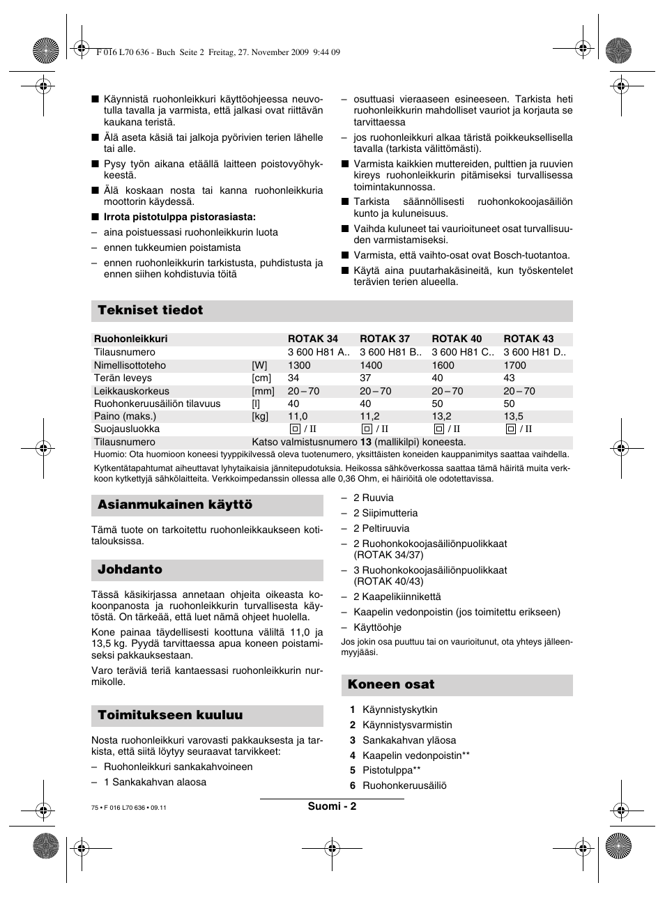 Tekniset tiedot | Bosch ROTAK 34 User Manual | Page 75 / 195