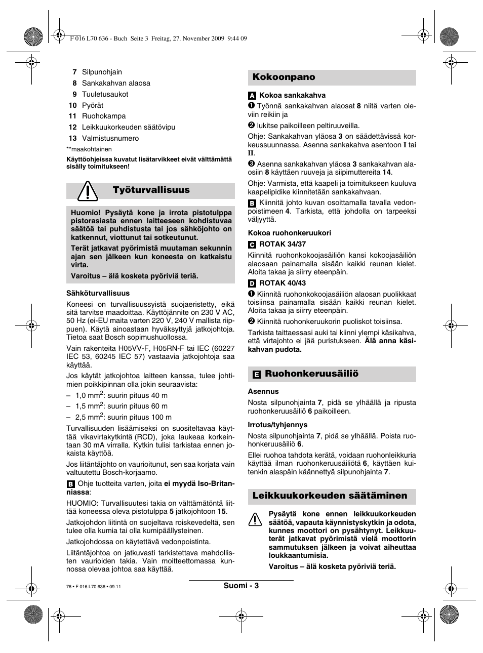 Työturvallisuus | Bosch ROTAK 34 User Manual | Page 76 / 195