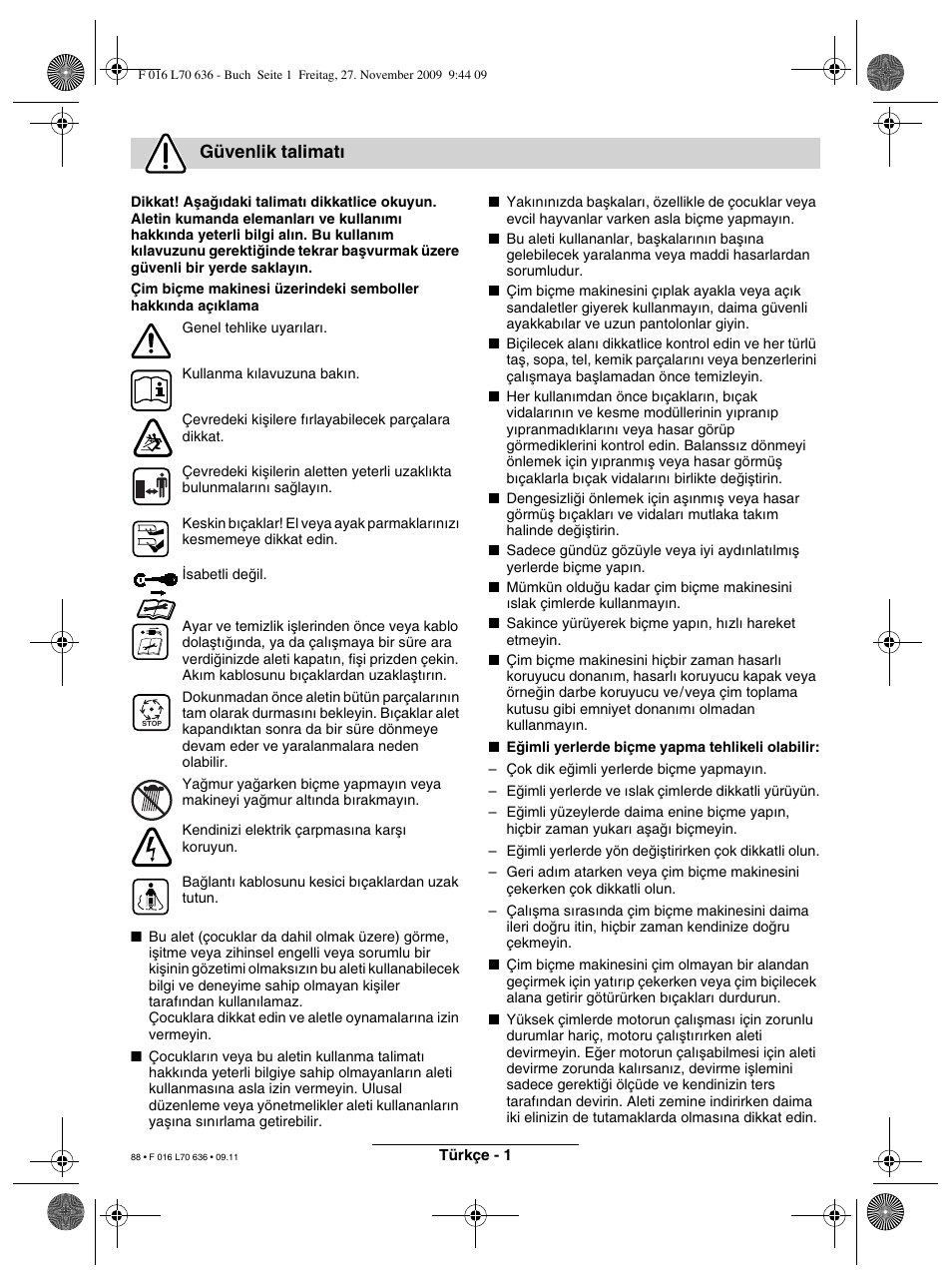 Güvenlik talimat | Bosch ROTAK 34 User Manual | Page 88 / 195