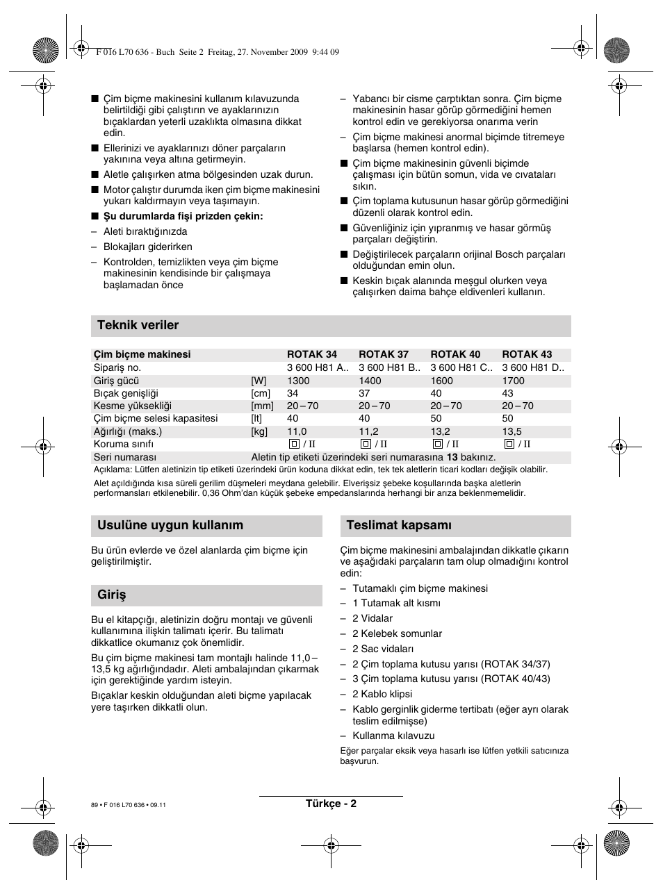 Teknik veriler, Usulüne uygun kullan∂m giriμ teslimat kapsam | Bosch ROTAK 34 User Manual | Page 89 / 195