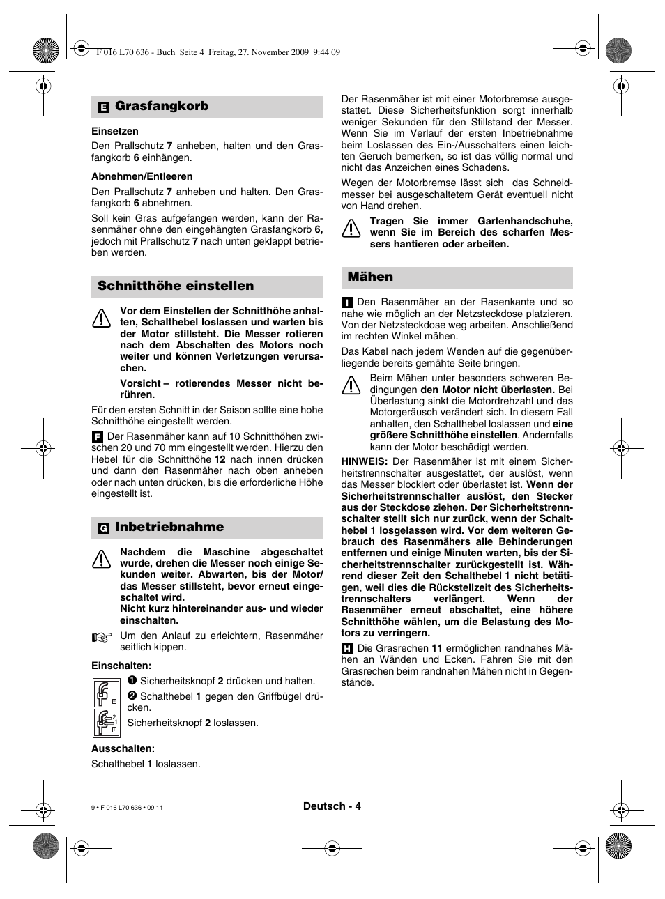 Grasfangkorb schnitthöhe einstellen inbetriebnahme, Mähen | Bosch ROTAK 34 User Manual | Page 9 / 195