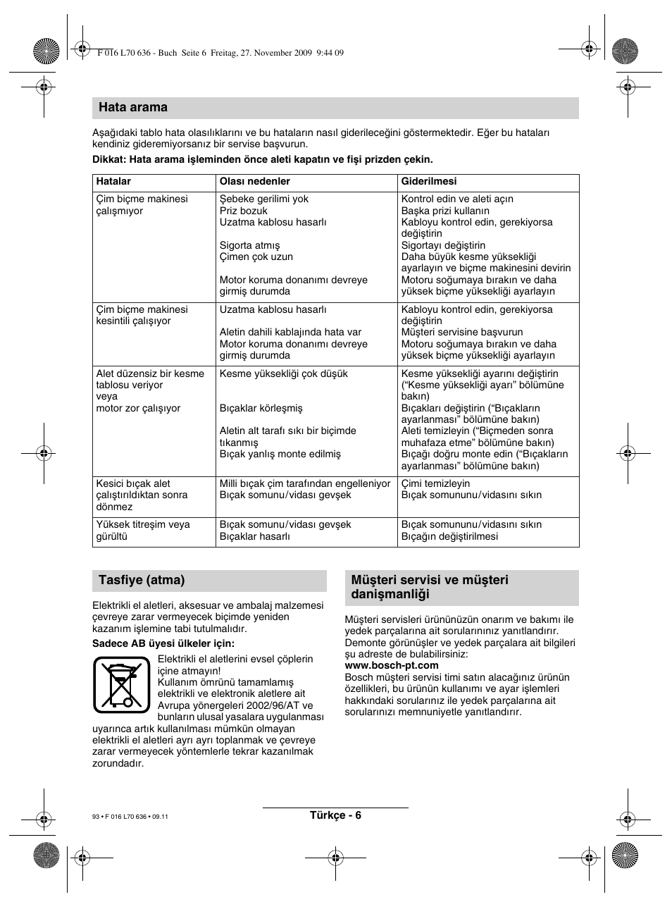 Hata arama | Bosch ROTAK 34 User Manual | Page 93 / 195