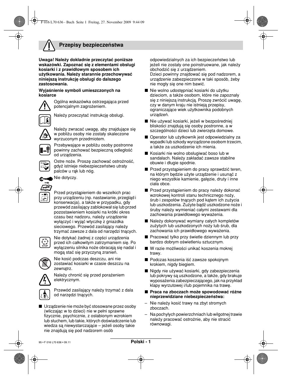 Przepisy bezpieczeμstwa | Bosch ROTAK 34 User Manual | Page 95 / 195