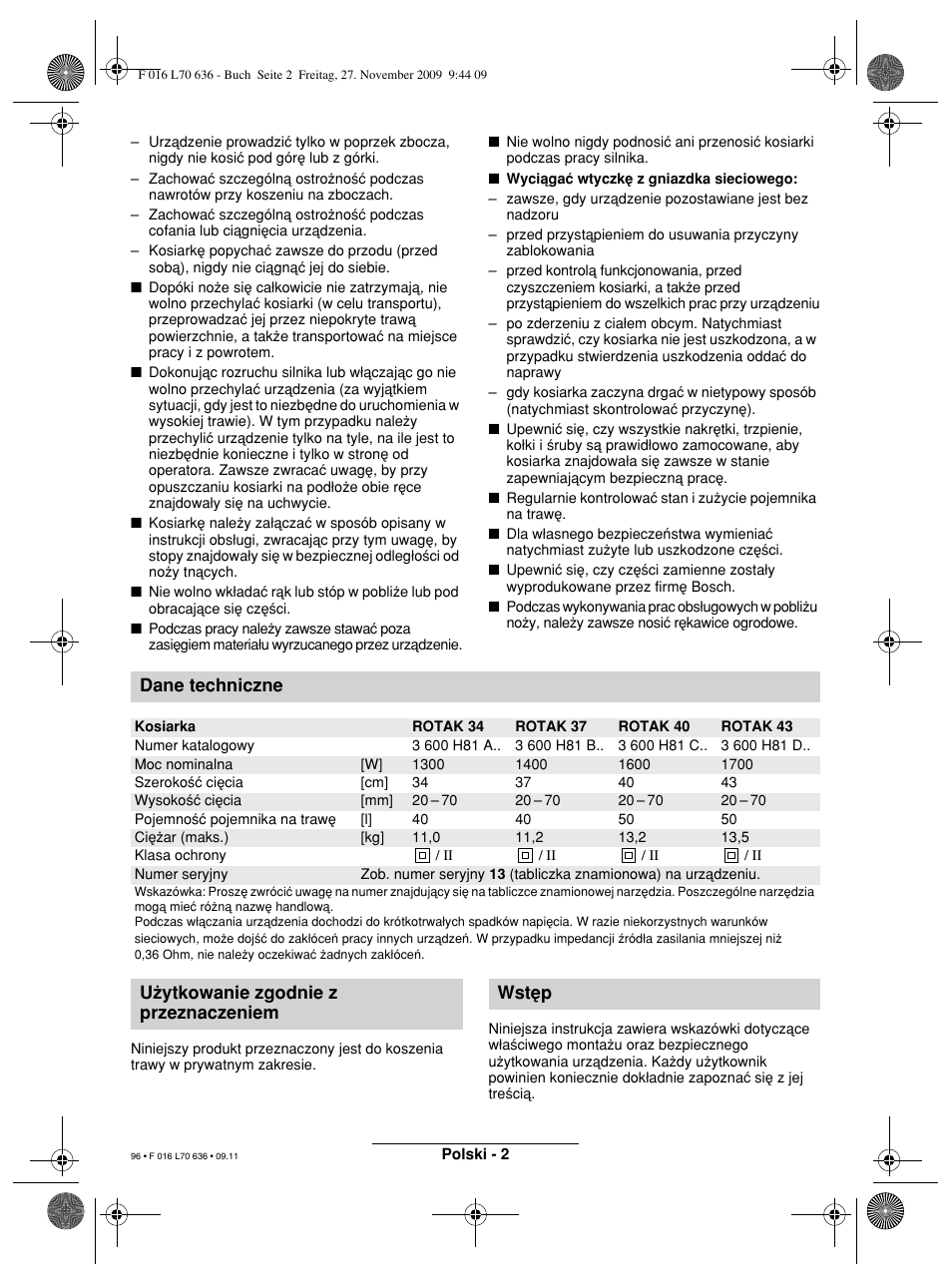 Dane techniczne, U†ytkowanie zgodnie z przeznaczeniem wst∑p | Bosch ROTAK 34 User Manual | Page 96 / 195