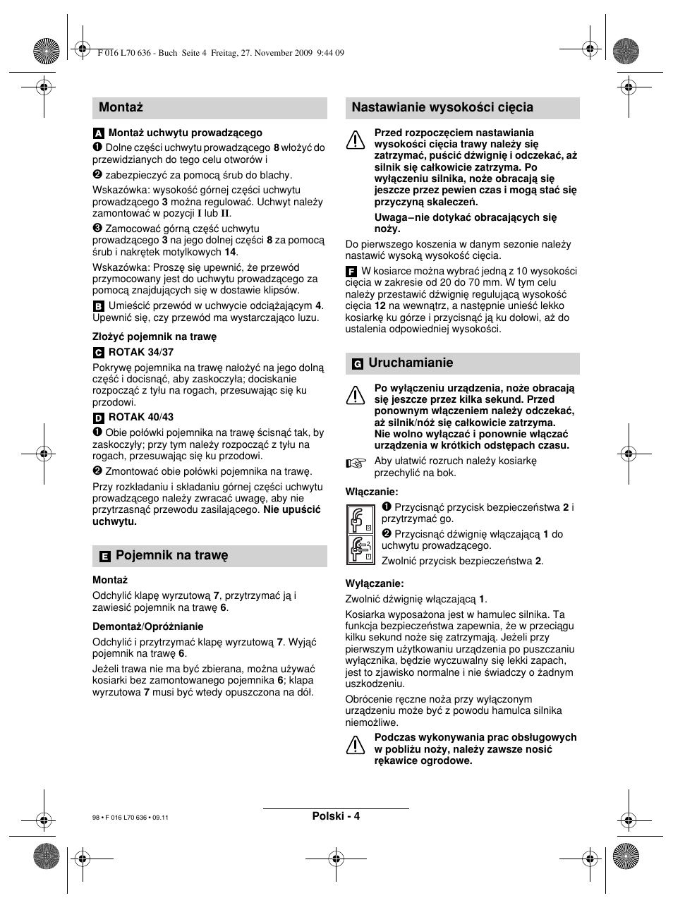 Monta† pojemnik na traw, Nastawianie wysoko∂ci ci∑cia uruchamianie | Bosch ROTAK 34 User Manual | Page 98 / 195