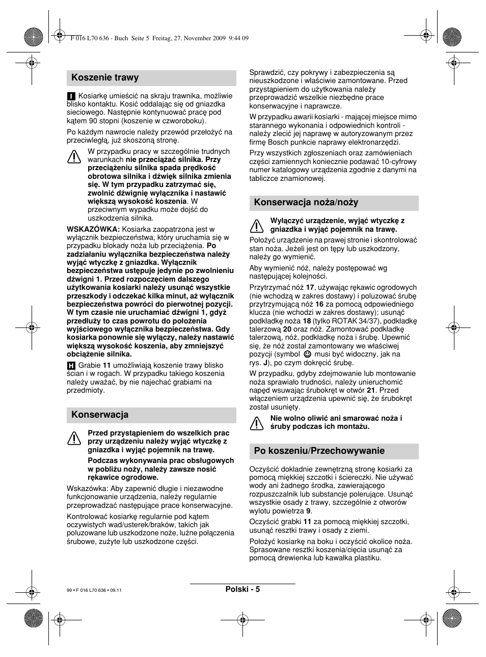 Koszenie trawy konserwacja, Konserwacja no†a/no†y po koszeniu/przechowywanie | Bosch ROTAK 34 User Manual | Page 99 / 195