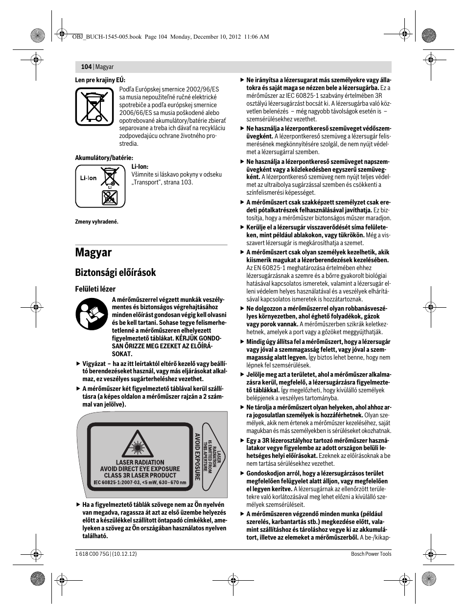 Magyar, Biztonsági előírások | Bosch GSL 2 Professional User Manual | Page 104 / 184