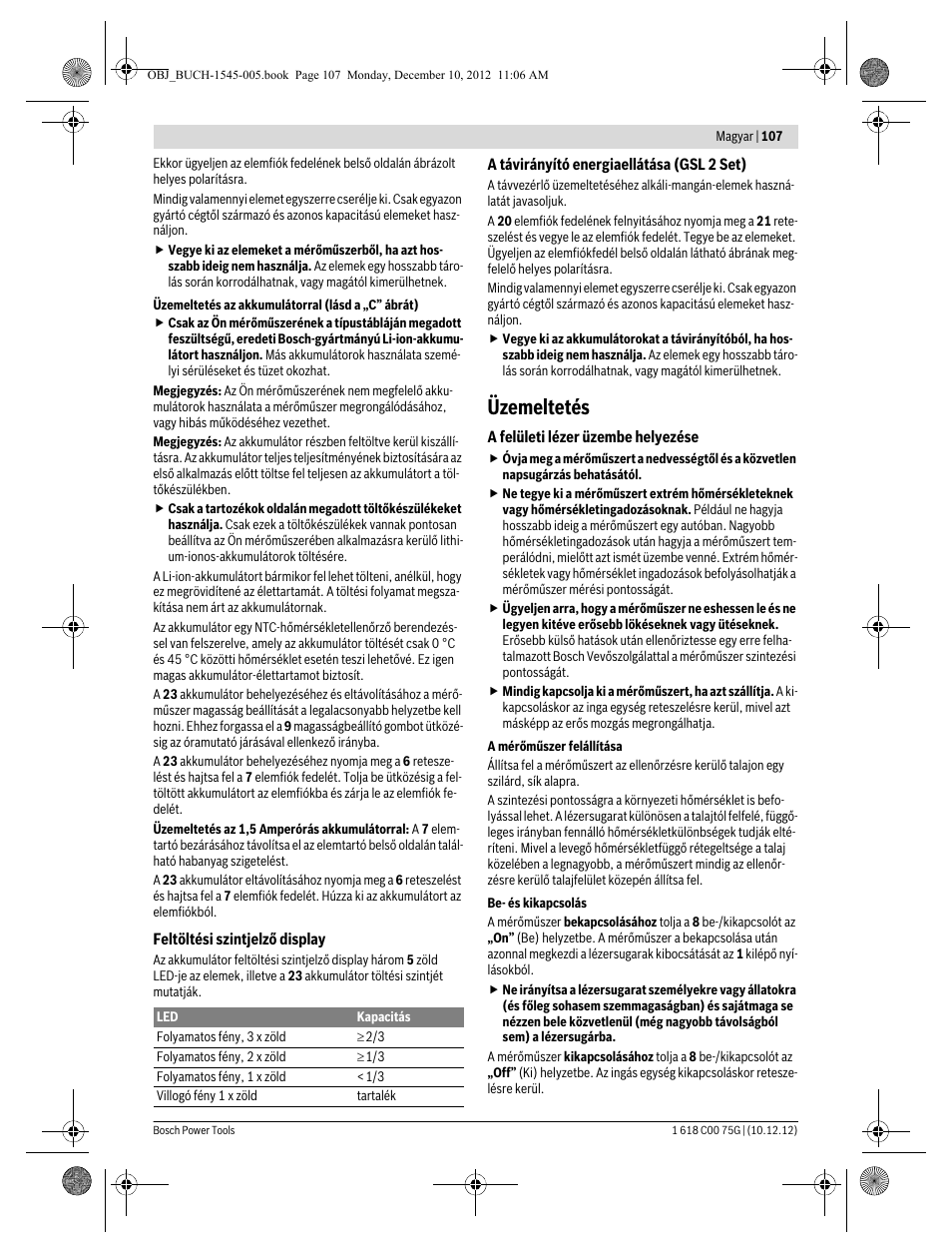 Üzemeltetés | Bosch GSL 2 Professional User Manual | Page 107 / 184