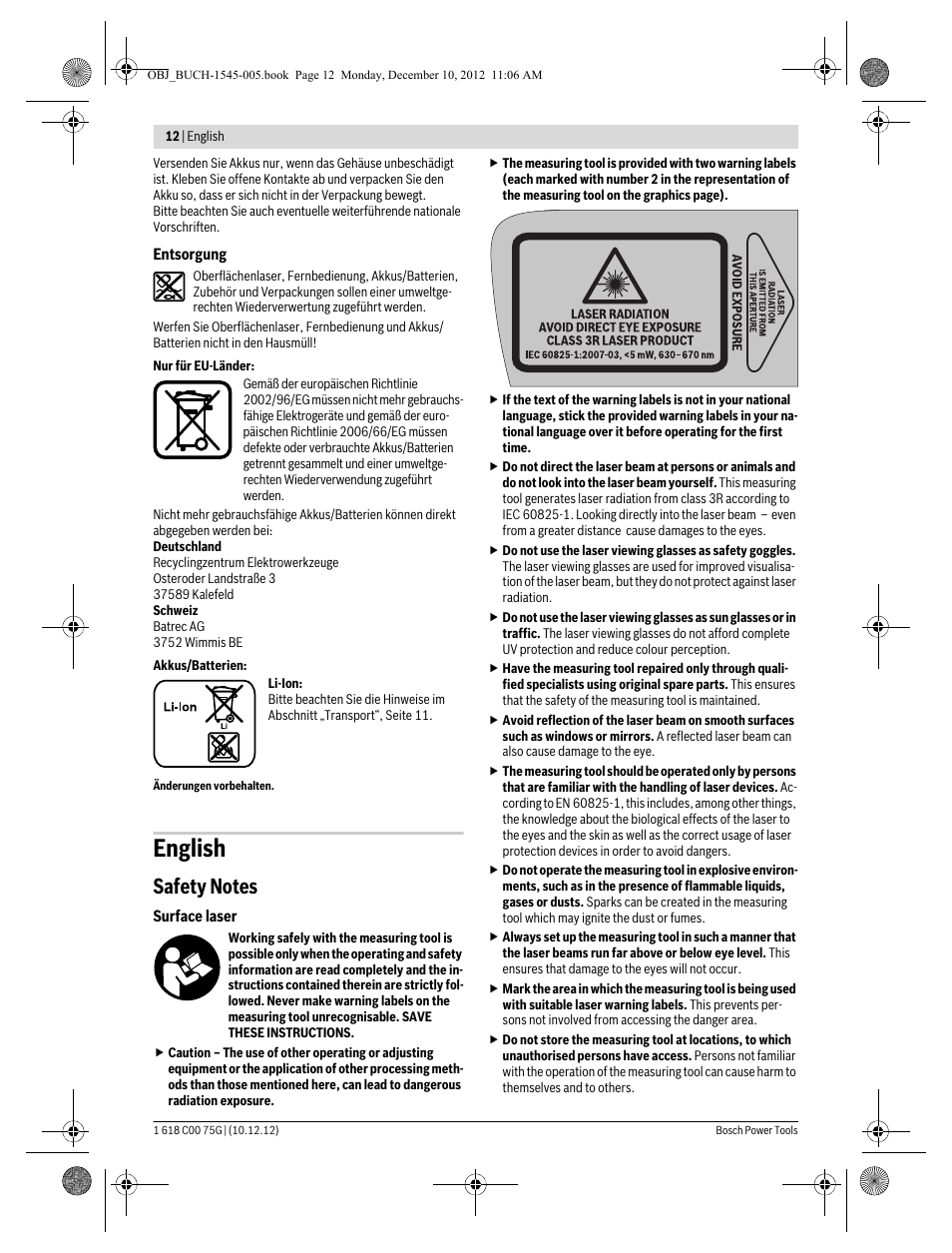 English | Bosch GSL 2 Professional User Manual | Page 12 / 184