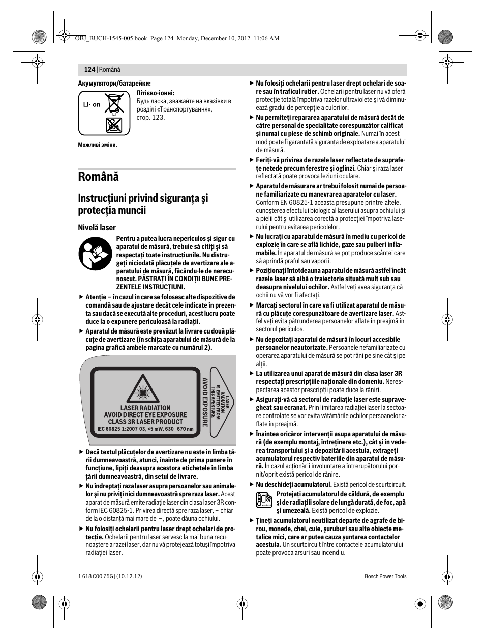 Română, Instrucţiuni privind siguranţa şi protecţia muncii | Bosch GSL 2 Professional User Manual | Page 124 / 184