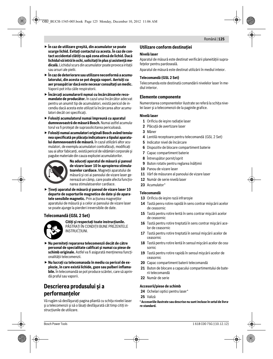 Descrierea produsului şi a performanţelor | Bosch GSL 2 Professional User Manual | Page 125 / 184