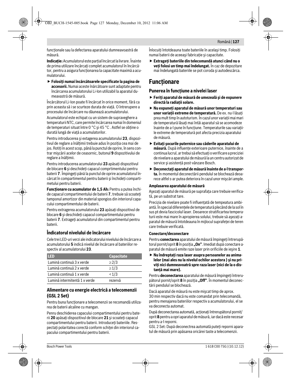 Funcţionare | Bosch GSL 2 Professional User Manual | Page 127 / 184