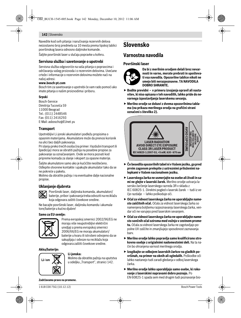 Slovensko, Varnostna navodila | Bosch GSL 2 Professional User Manual | Page 142 / 184