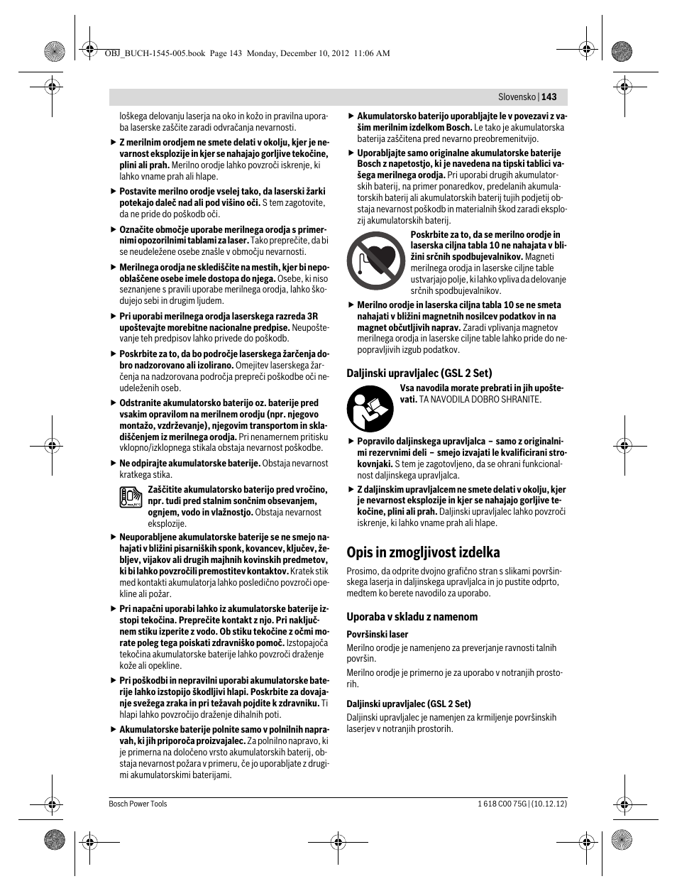 Opis in zmogljivost izdelka | Bosch GSL 2 Professional User Manual | Page 143 / 184