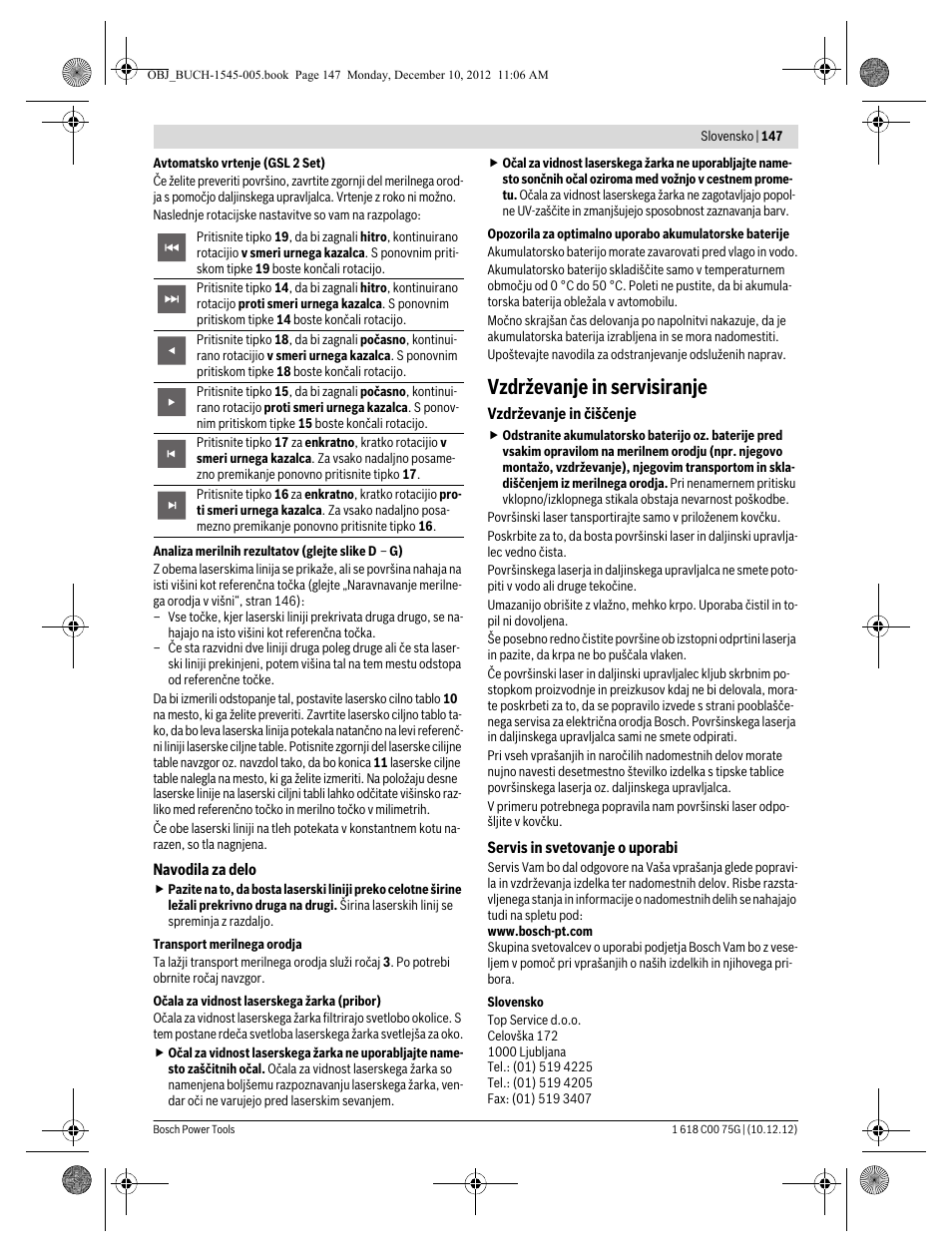 Vzdrževanje in servisiranje | Bosch GSL 2 Professional User Manual | Page 147 / 184