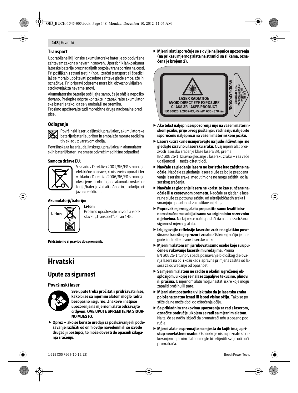 Hrvatski, Upute za sigurnost | Bosch GSL 2 Professional User Manual | Page 148 / 184