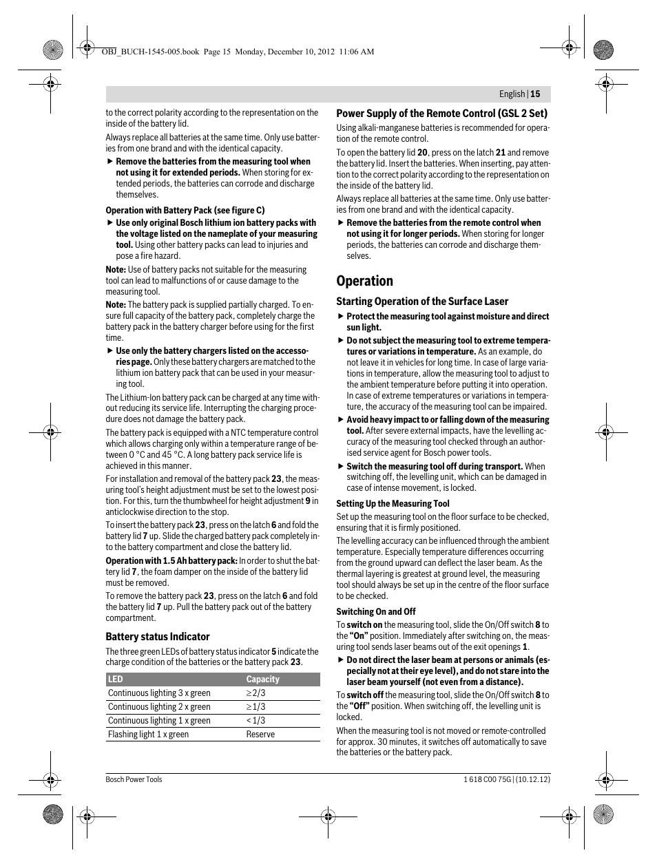 Operation | Bosch GSL 2 Professional User Manual | Page 15 / 184