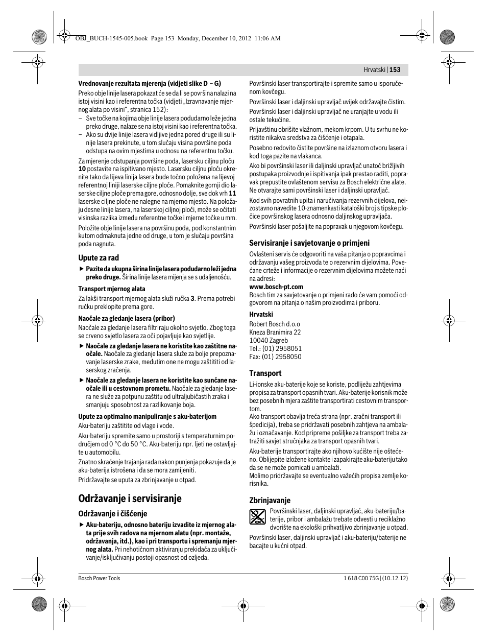 Održavanje i servisiranje | Bosch GSL 2 Professional User Manual | Page 153 / 184