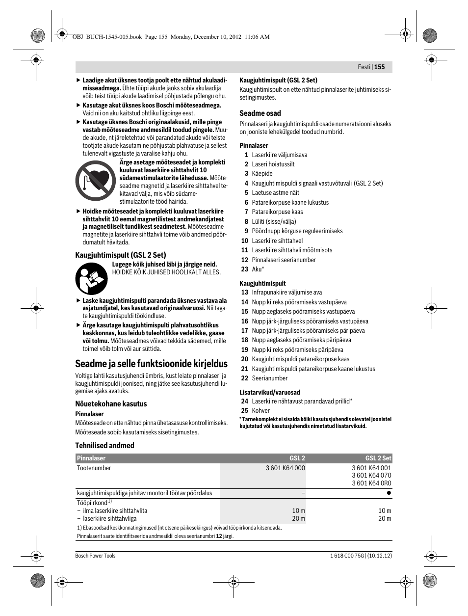 Seadme ja selle funktsioonide kirjeldus | Bosch GSL 2 Professional User Manual | Page 155 / 184