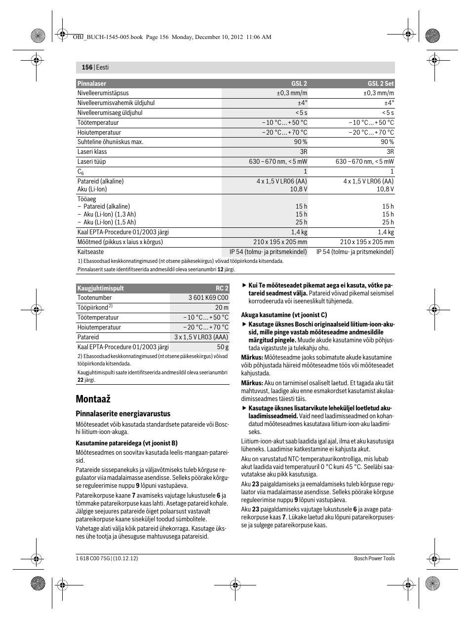 Montaaž | Bosch GSL 2 Professional User Manual | Page 156 / 184
