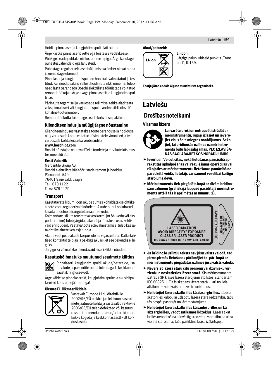 Latviešu | Bosch GSL 2 Professional User Manual | Page 159 / 184