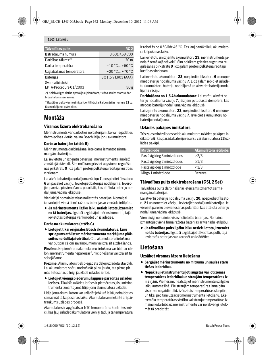 Montāža, Lietošana | Bosch GSL 2 Professional User Manual | Page 162 / 184