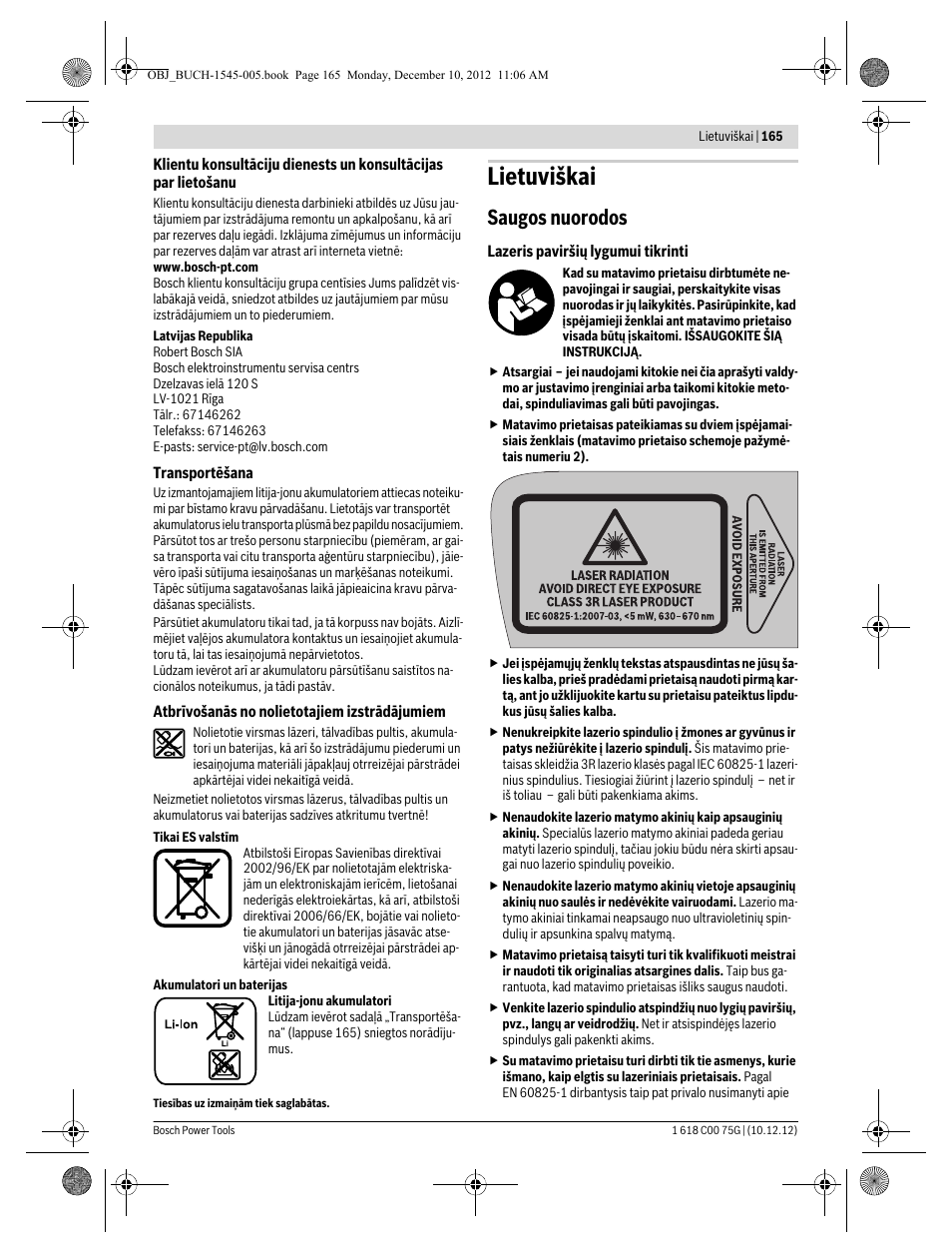 Lietuviškai, Saugos nuorodos | Bosch GSL 2 Professional User Manual | Page 165 / 184