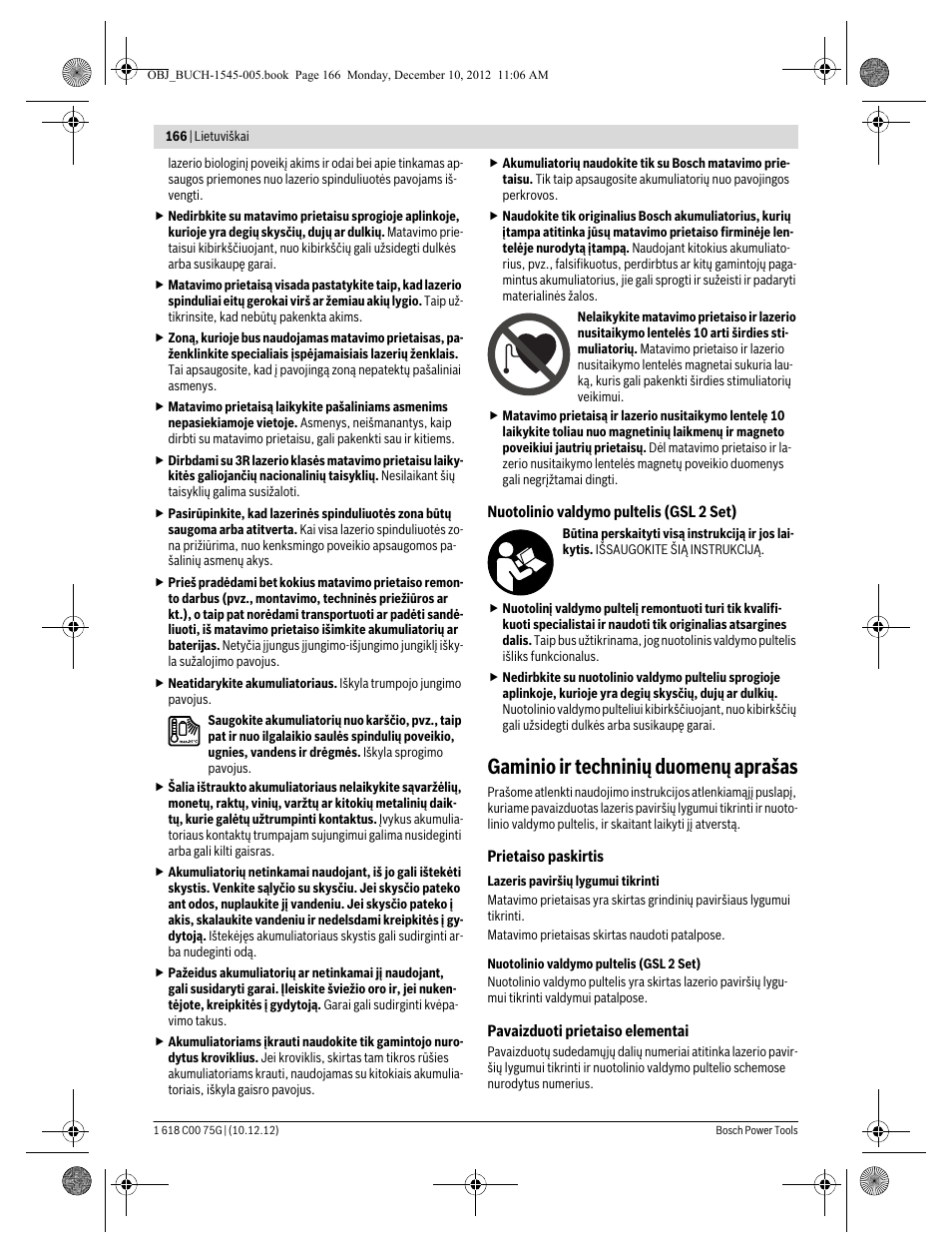 Gaminio ir techninių duomenų aprašas | Bosch GSL 2 Professional User Manual | Page 166 / 184