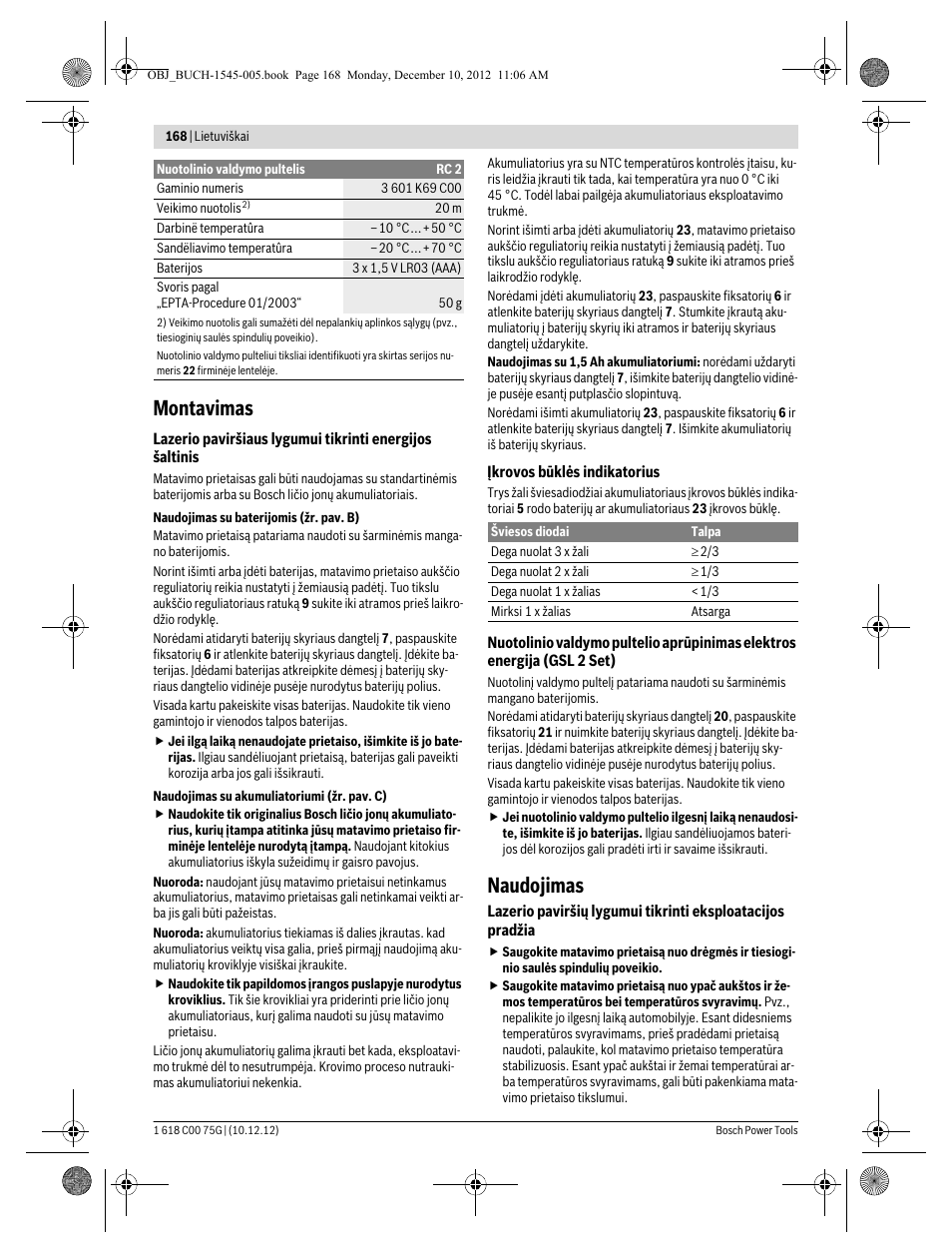 Montavimas, Naudojimas | Bosch GSL 2 Professional User Manual | Page 168 / 184