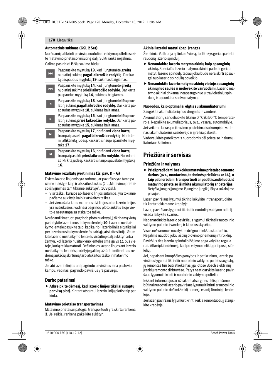 Priežiūra ir servisas | Bosch GSL 2 Professional User Manual | Page 170 / 184