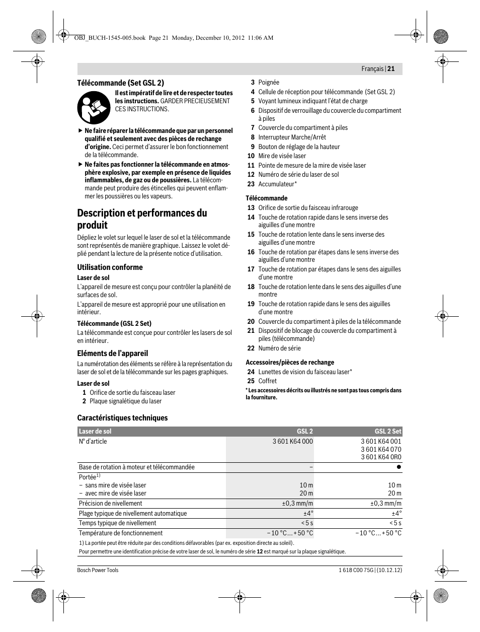 Description et performances du produit | Bosch GSL 2 Professional User Manual | Page 21 / 184