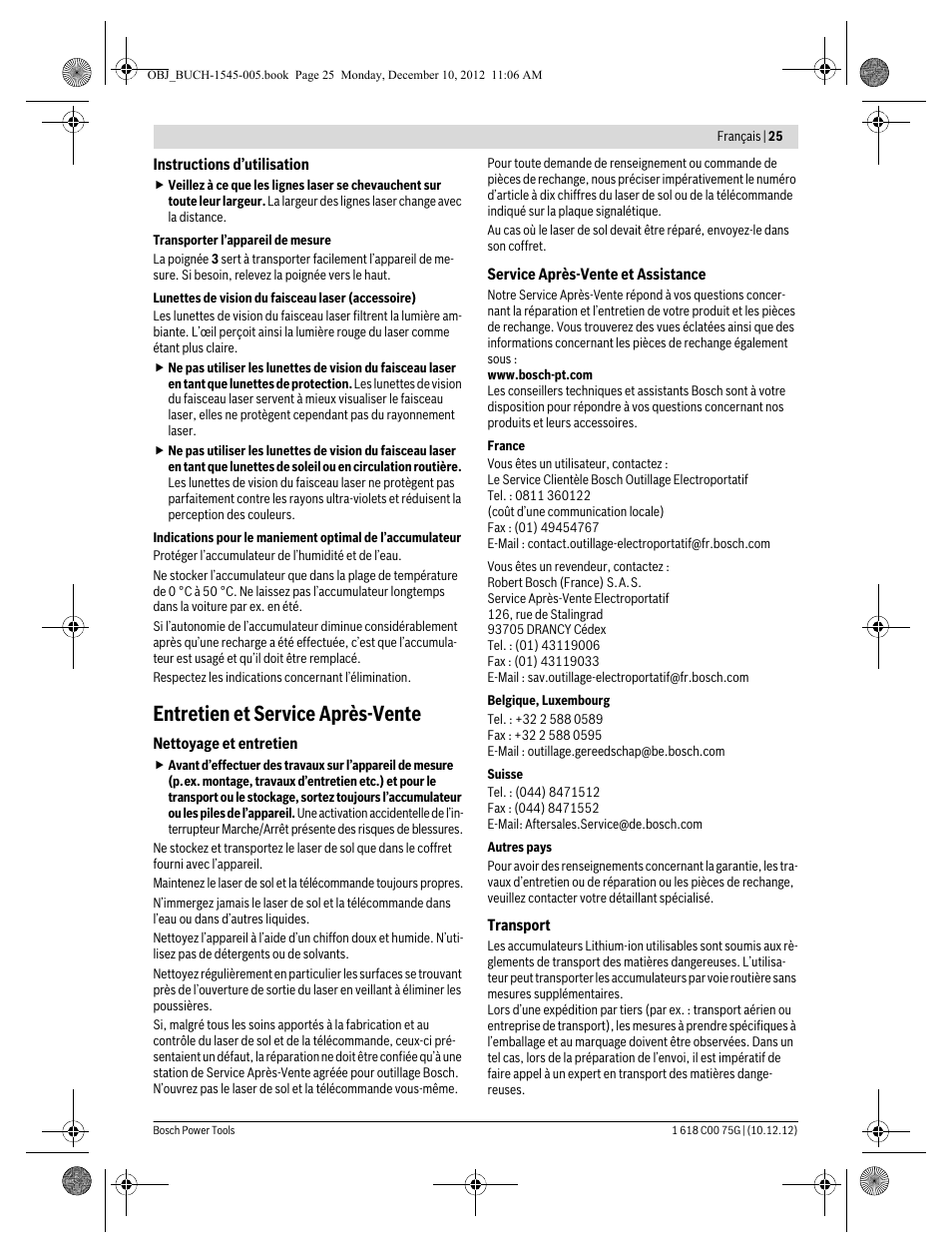 Entretien et service après-vente | Bosch GSL 2 Professional User Manual | Page 25 / 184